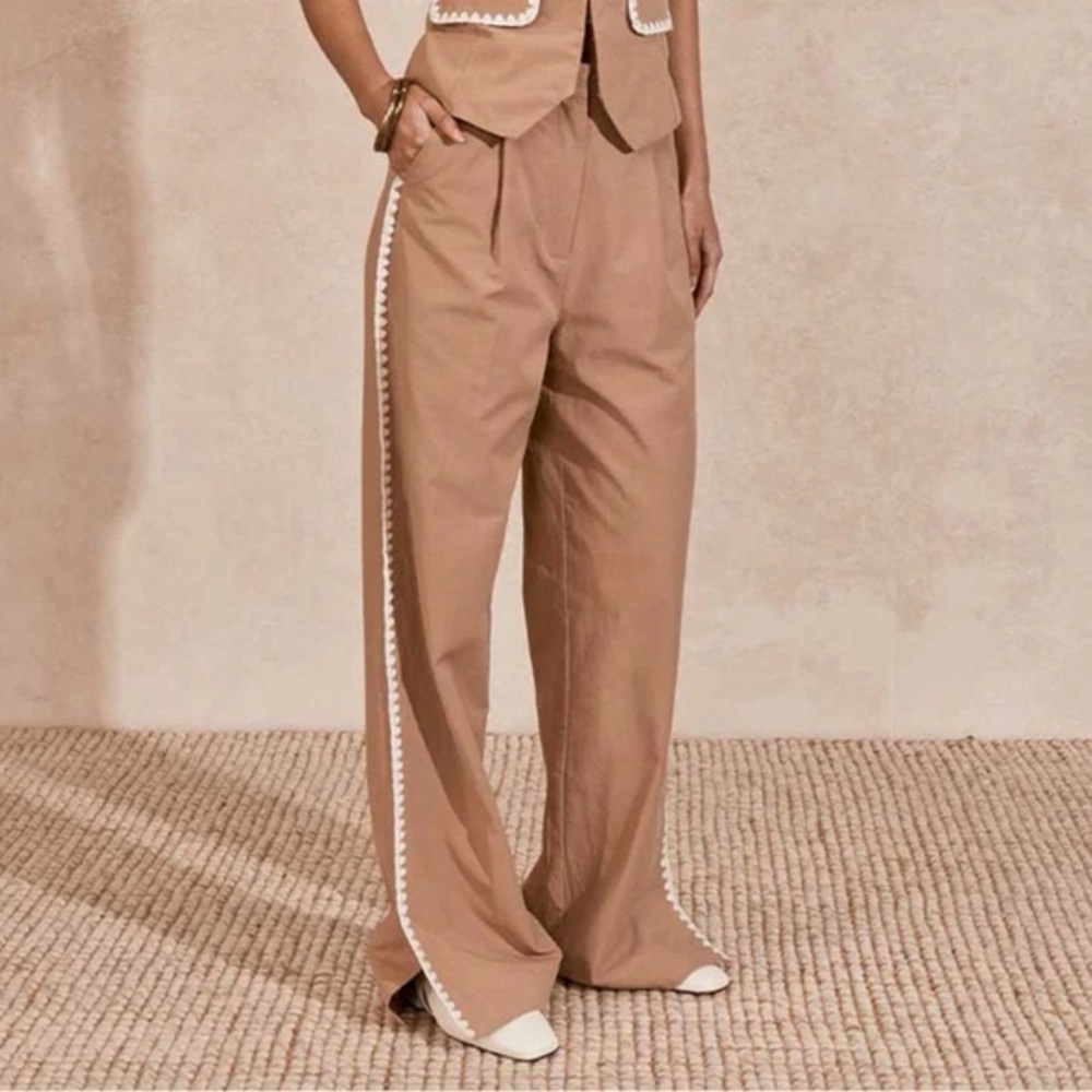 MON RENN | Lisle Wide Leg Embroidered Trim Pants in Biscuit | M
